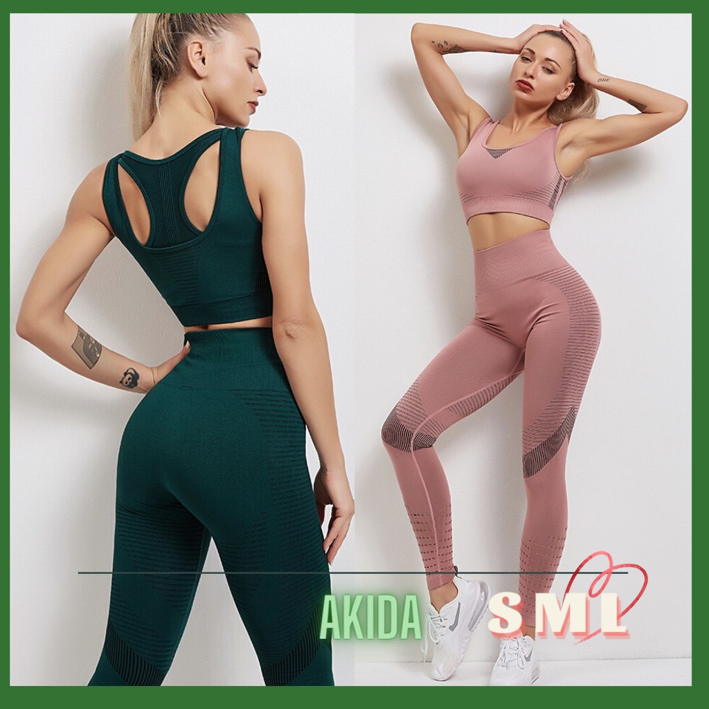 Bộ Tập Gym Yoga Dệt Kim Áo 2 Lớp Có Mút Lót Quần Legging Cạp Cao Nâng Mông Tôn Dáng