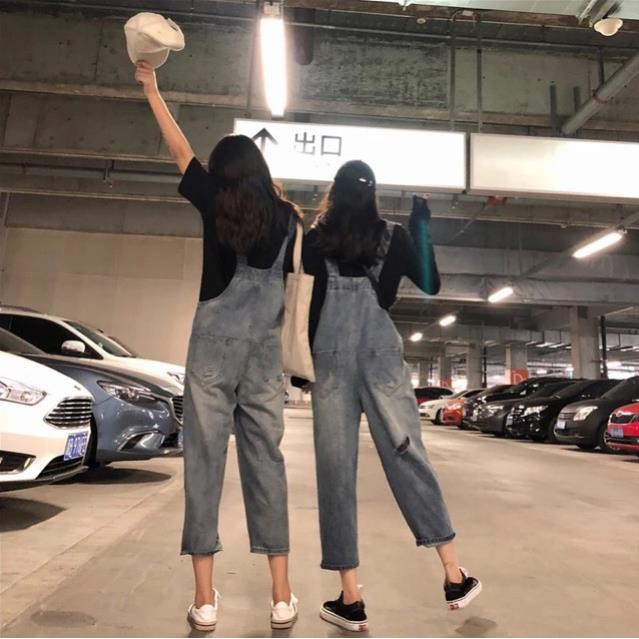 [ Sẵn s M 2xl 4xl ] Quần yếm bò jeans ulzzang có size bigsize / quần yếm ống suông rách gối xịn | BigBuy360 - bigbuy360.vn