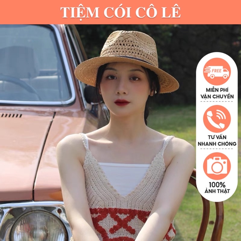 Nón cói cao bồi đai da phong cách năng động unisex-Tiệm Cói Cô Lê