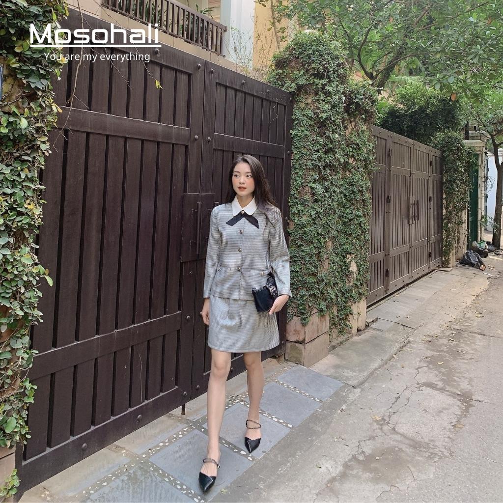 Set vest nữ Mosohali kẻ không cổ set blazer nữ Aya thời trang thiết kế công sở (áo blazer + chân váy) | BigBuy360 - bigbuy360.vn