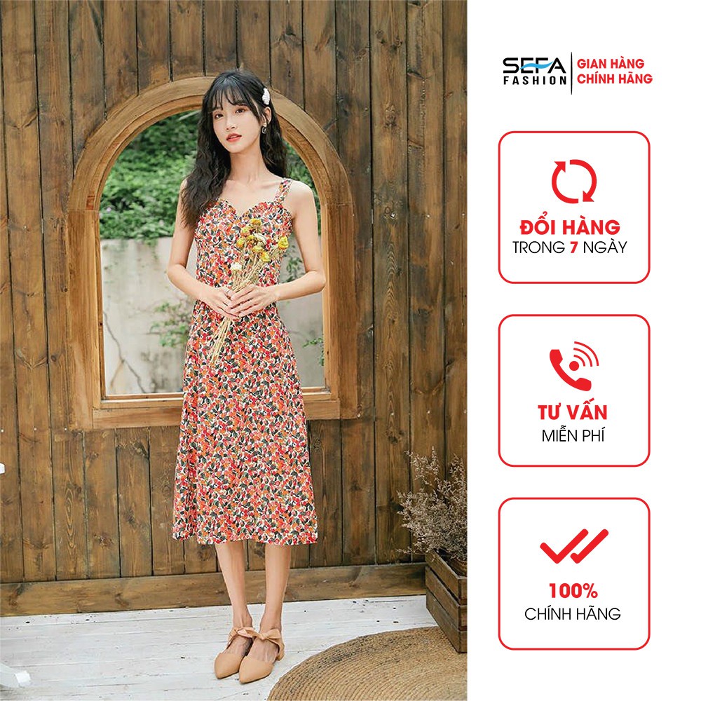 Đầm lụa hàn SEFA họa tiết hai dây