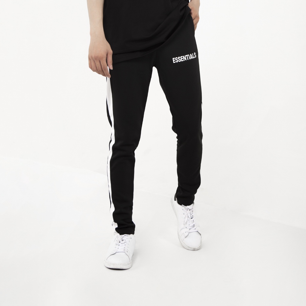 Quần Sweatpants Essentials Có Sọc 2 Bên Lưng Thun Form Ống Suông Unisex Màu Đen