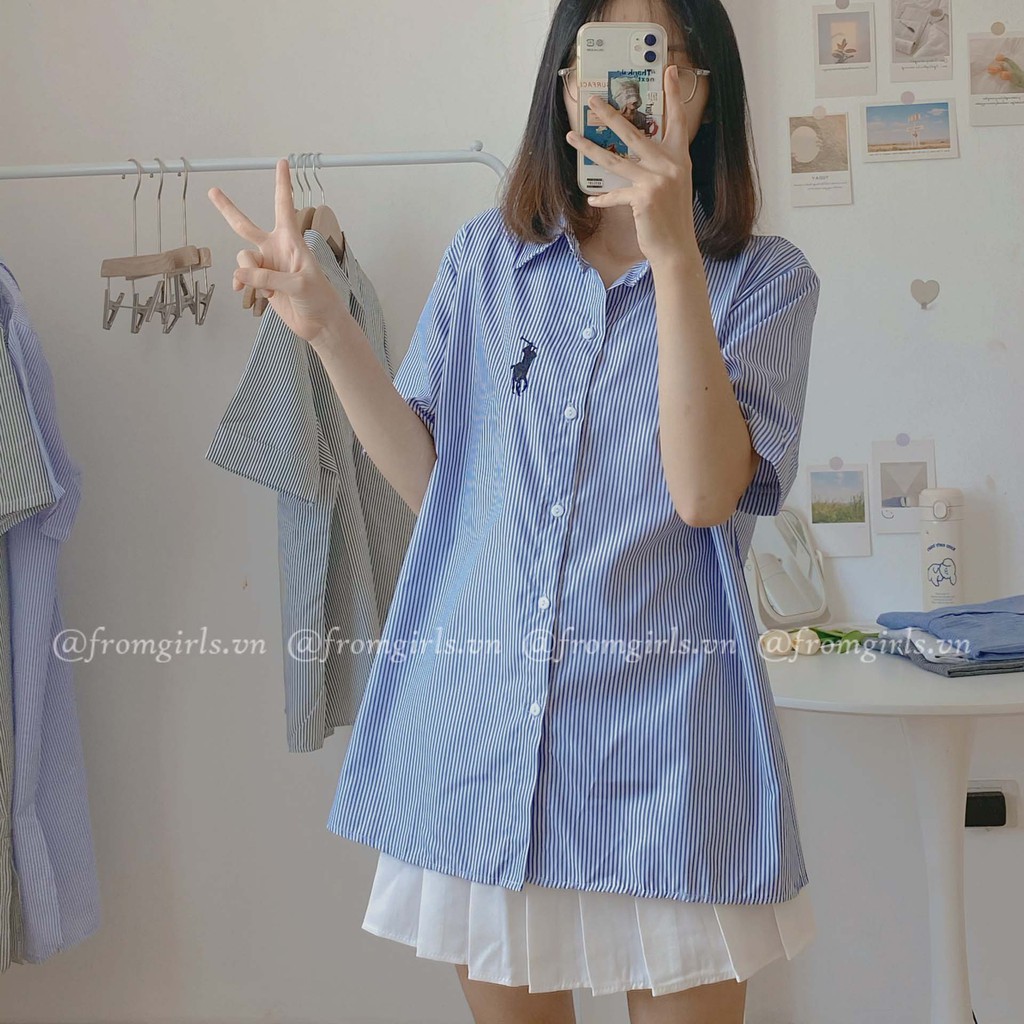 Sơ mi kẻ tay lỡ thêu ngựa có túi basic  ulzzang - SM13FG