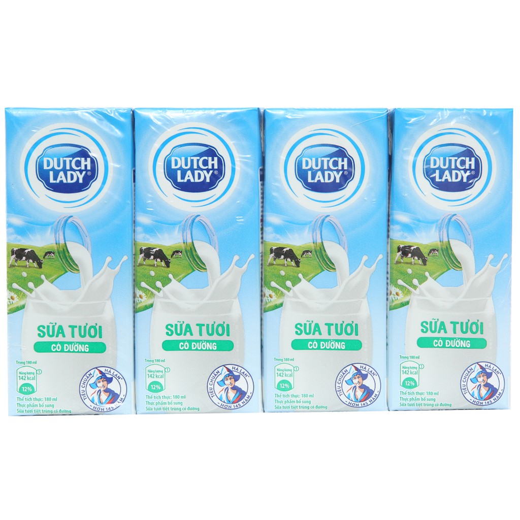 Lốc 4 hộp sữa tươi tiệt trùng có đường Dutch Lady - Cô gái hà lan 180ml