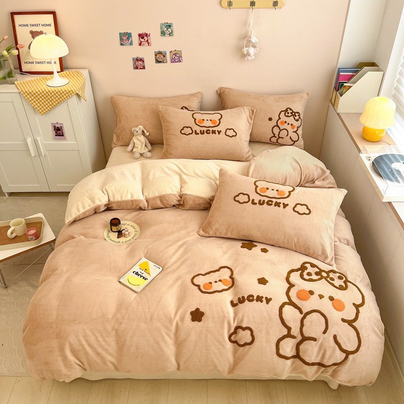 Set Bộ Vỏ Chăn Ga Nỉ Mịn Thêu Nhiều Hoạ Tiết Dễ Thương