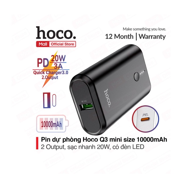 Pin sạc dự phòng Hoco Q3 Mini Size, 2 output ( USB + Type-C ), sạc nhanh PD20W/3A, có đèn LED báo pin