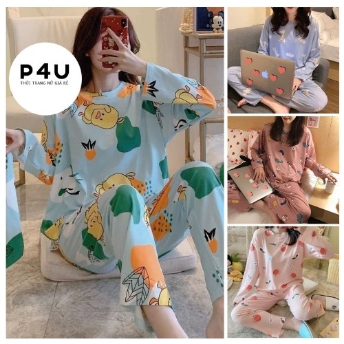 Đồ Bộ Nữ Thun Cotton Mềm Chất Dày, Bộ Quần Áo Dài Mặc Nhà Hoạ Tiết Đa Dạng