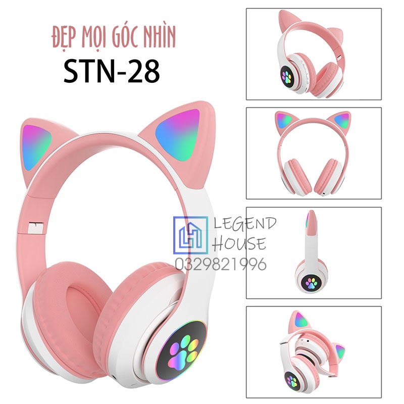 Tai Nghe Chụp Tai Bluetooth Không Dây Tai Mèo Đáng Yêu Có Đèn Led Thích Hợp Xem Phim, Nghe Nhạc Chơi Game Và Học Online
