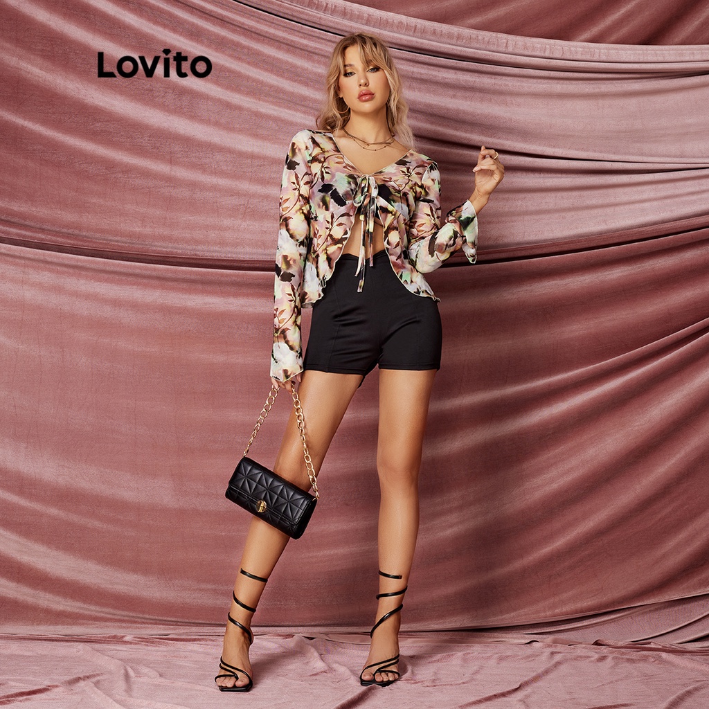 Lovito DAY &amp; NIGHT GLAMOR Party Floral Mesh Tie Front Sheer Women T-Shirt L32LE052 (Nhiều màu)