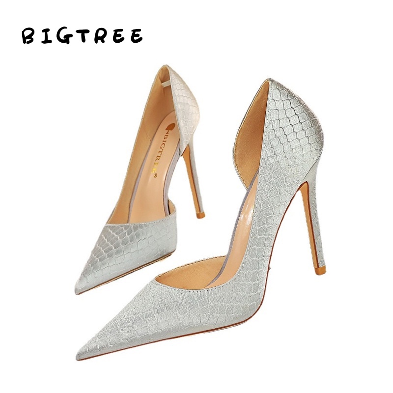 Giày cao gót BIGTREE 3165-1 10.5cm bằng satin miệng nông họa tiết da rắn thời trang cho nữ