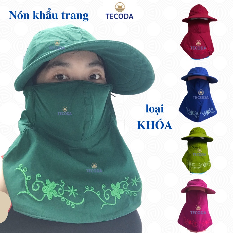 Nón vành khẩu trang chống nắng màu thêu, nón rộng vành nữ loại khóa cao cấp