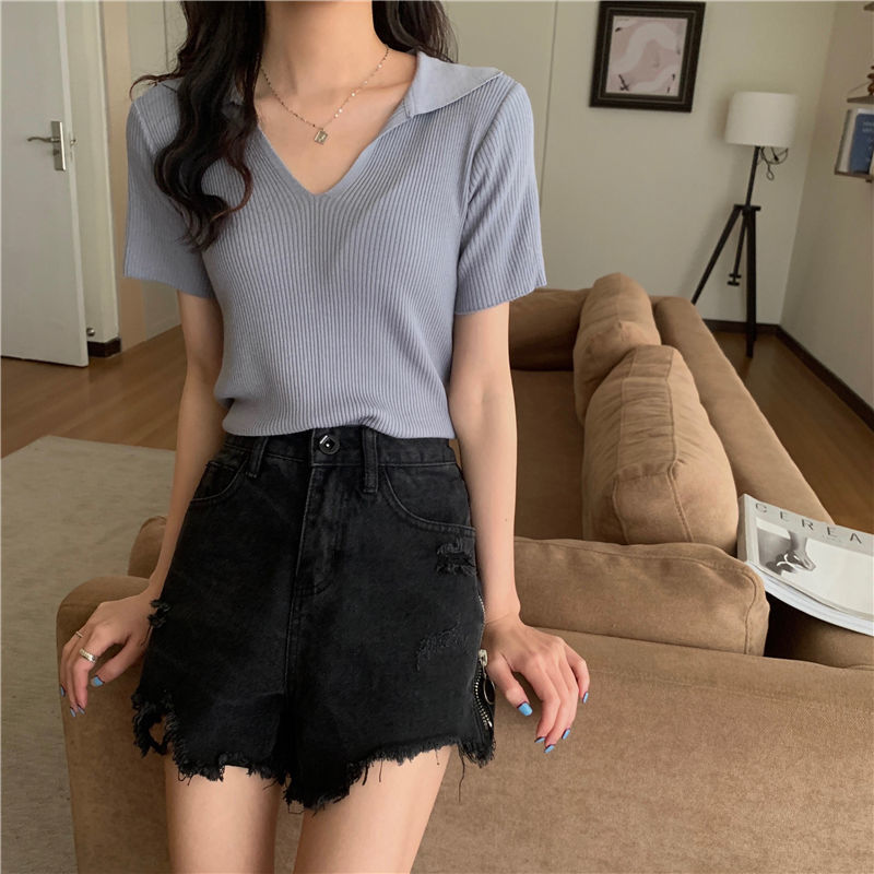 Áo Croptop Nữ Tay Ngắn Cổ Chữ V Polo Dáng Ôm Thoáng Mát Màu Trơn Thanh Lịch 8 Màu Tùy Chọn Thời Trang | BigBuy360 - bigbuy360.vn