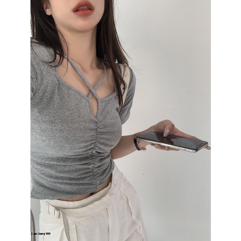 Áo Croptop Dây Chéo Ngực Áo Croptop Nữ Ngắn Tay Khoét Ngực Chất Thun Bozip Ôm Body Freesize