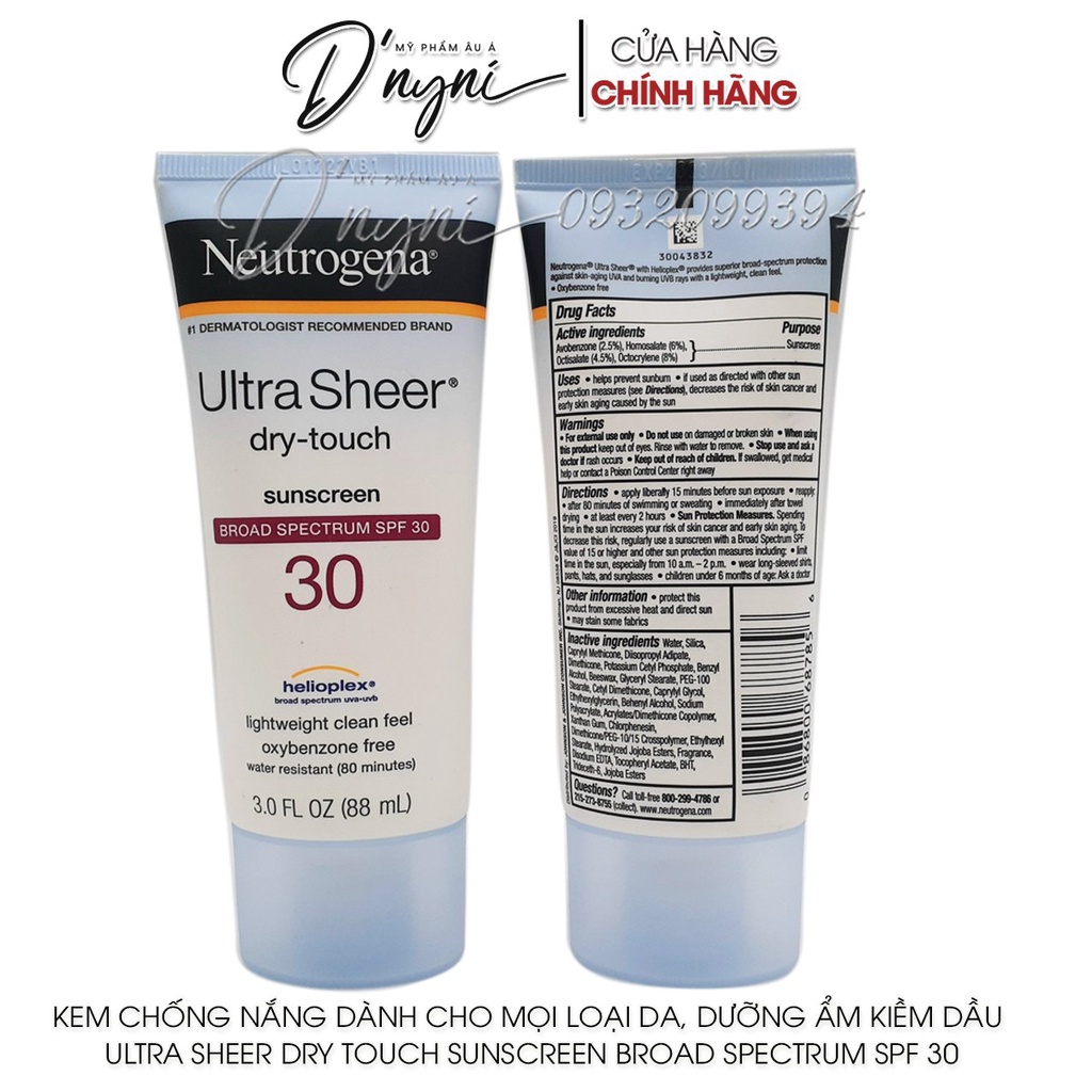 Kem Chống Nắng Neutrogena Ultra Sheer Dry-Touch Sunscreen SPF100, SPF85, SPF70, SPF55, SPF45, SPF30, Clear Body SPF30