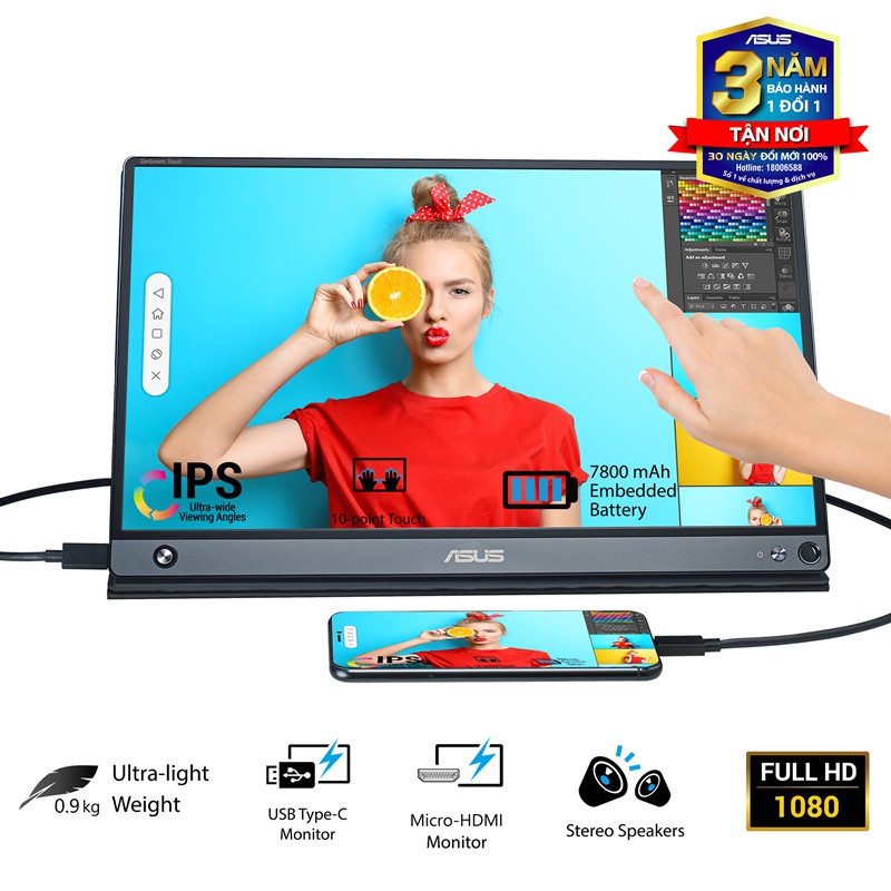 Màn Hình Di Động Cảm Ứng USB ASUS ZenScreen Touch MB16AMT 16 inch Full HD(1920x1080) 5ms 60Hz IPS USB  - Hàng Chính Hãng