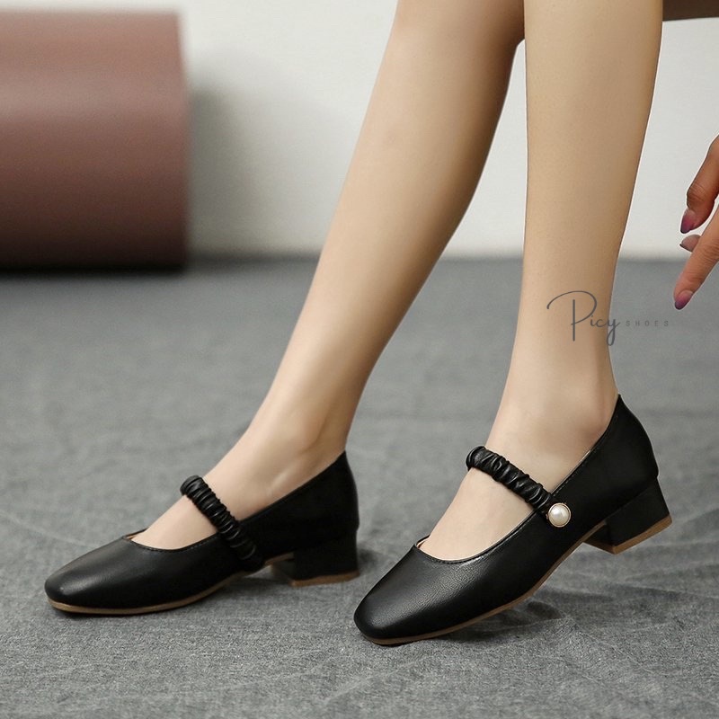 Giày búp bê Mary Jane quai nhún đính ngọc tiểu thư, gót vuông 3 phân da mềm êm chân _GBB01