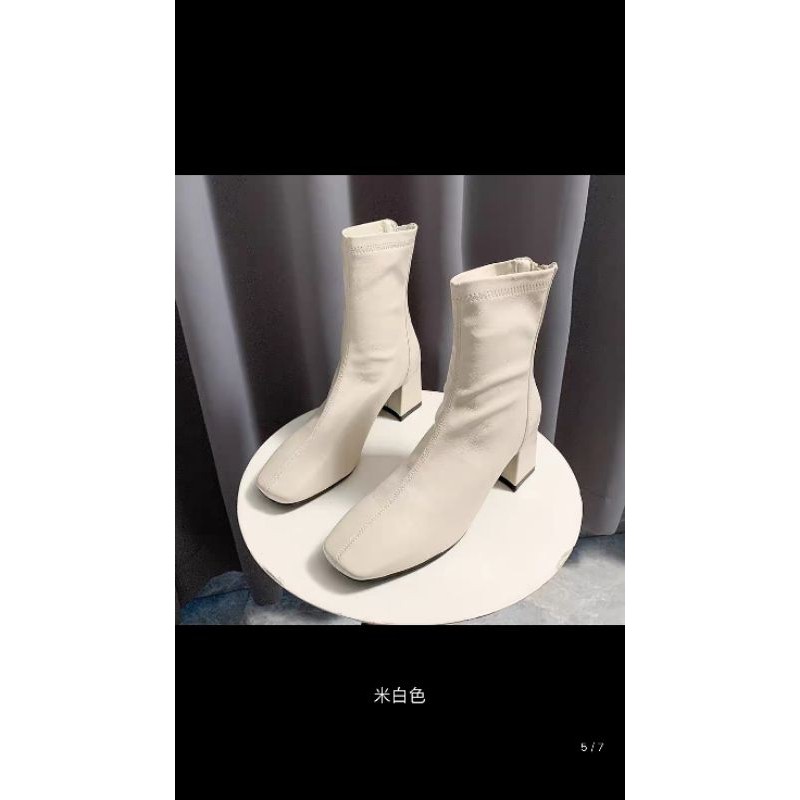 Boots, Bốt da mũi vuông cao gót, cổ ngắn kèm ảnh thật