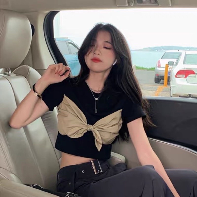 Áo Croptop Kiểu Tôn Dáng Đỉnh KaoCó Nơ Màu Vàng Cá Tính Cho Nữ
