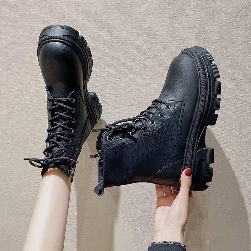 Giày bốt Martin nữ cổ ngắn đan dây đế cao 5cm có khoá sườn