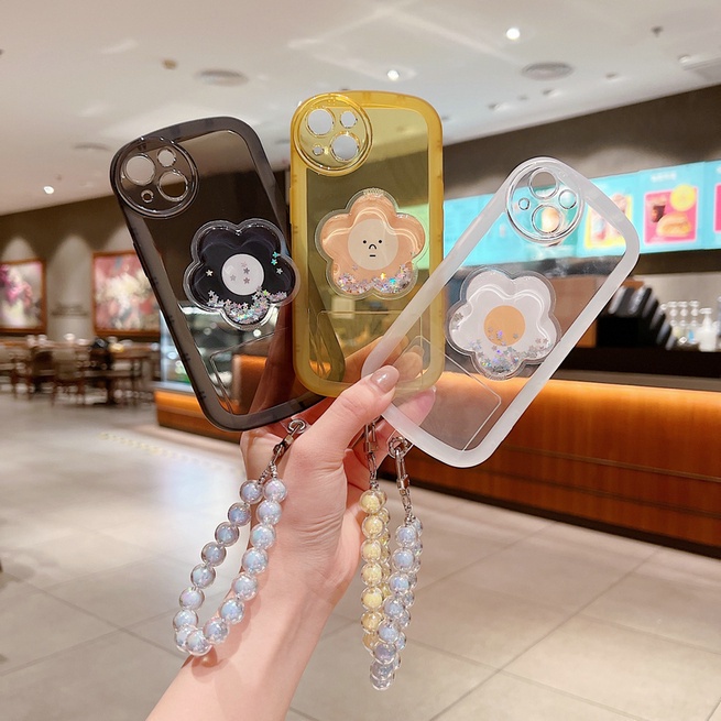 Casing Redmi 9C Note 10 10S 9T 4G Xiaomi Mi 11 10T Lite POCO M4 M3 Pro 5G Cute Cartoon Flower Quicksand Stand Round Airbag Shockproof Clear Soft Phone Case Cover NKS 07
