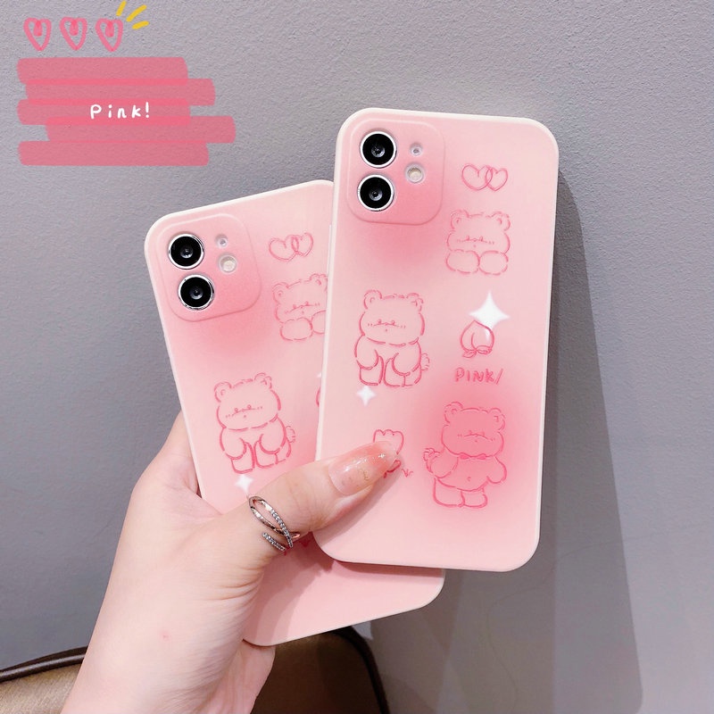 Casing Soft TPU Straight Edge Phone Case for OPPO A76 A36 A55 A16 A74 A95 A73 A94 A93 A54 A31 A91 A5 A9 2020 A15 A15S A53 A33 A52 A92 F11 F9 A7 A5S AX7 A3S A12e A1K F1S Reno 5F 4F 3 4 5 6 5G 4G Motif Pink Peach Bear