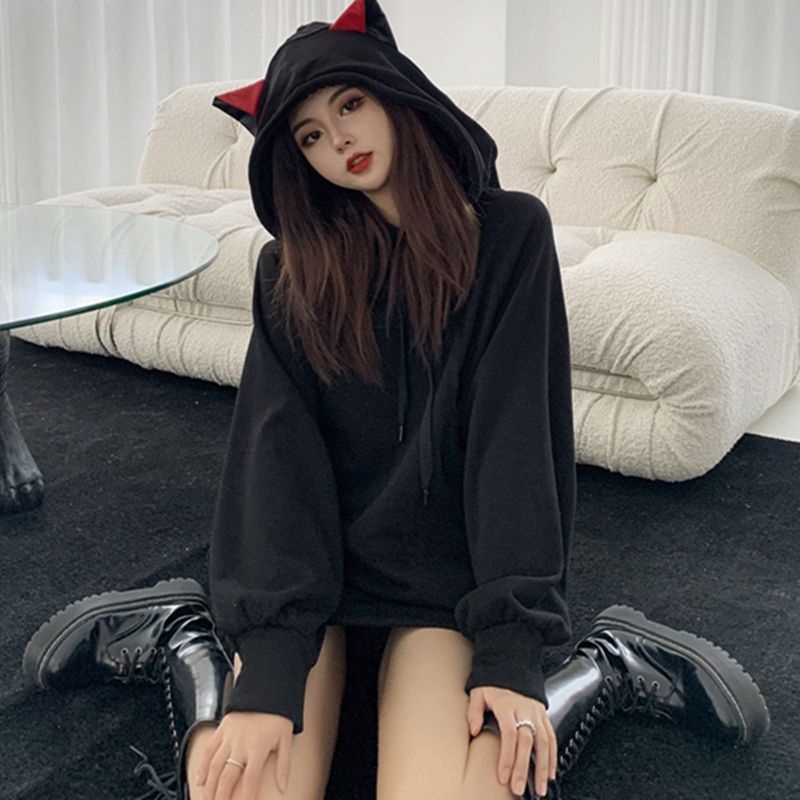 Áo nỉ hoodie tai mèo đỏ đen unisex nam nữ đáng yêu cá tính