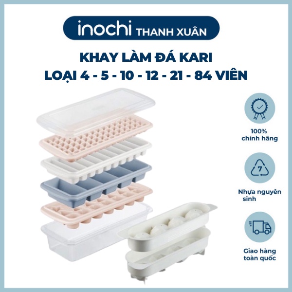 Khay làm đá 🌱 Khuôn làm rau câu Kari Inochi loại 4-5-10-12-21-84 viên có nắp đậy và hộp chứa