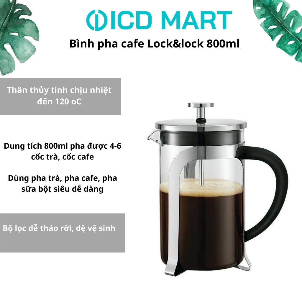 Bình pha trà, pha cafe French Press Lock&Lock, 800ml - LLG019, pha được 4-6 cốc, bình thủy tinh viền inox