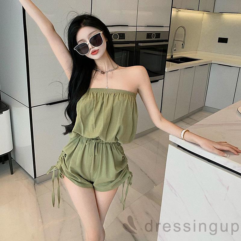 Áo Liền Quần Lưng Cao Trễ Vai Phối Dây Rút Thời Trang Xuân Thu Cho Nữ