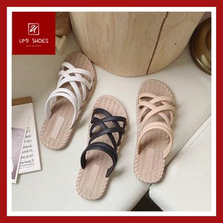 Dép lê nữ kiểu sandal đế cói cao su mềm đế bằng đi mưa mẫu mới 2020 mùa hè hot hit đơn giản màu đen/be/trắng quai chéo