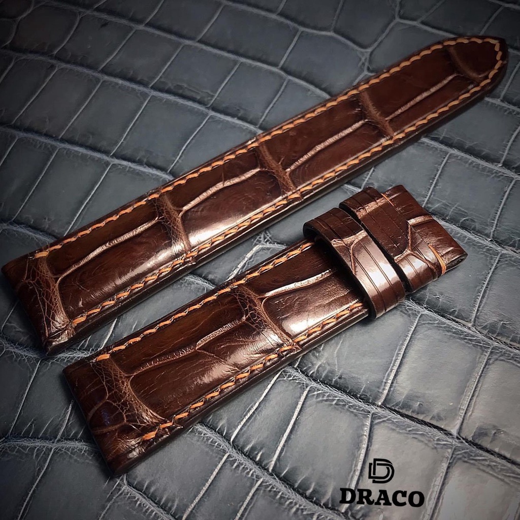 Dây da đồng hồ Draco DDDH01 màu nâu size 20 - 22  chất liệu da bò thật cao cấp dập vân cá sấu