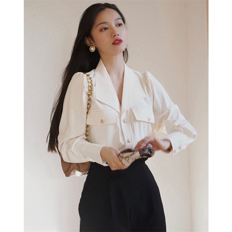 Áo sơ mi ZHELIHANGFEI tay dài cổ chữ V dáng rộng phong cách Pháp thời trang