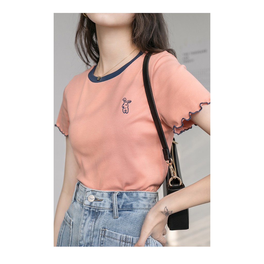 Áo Croptop Ngắn Tay Cổ Tròn Xinh Xắn Theo Phong Cách Hàn Quốc