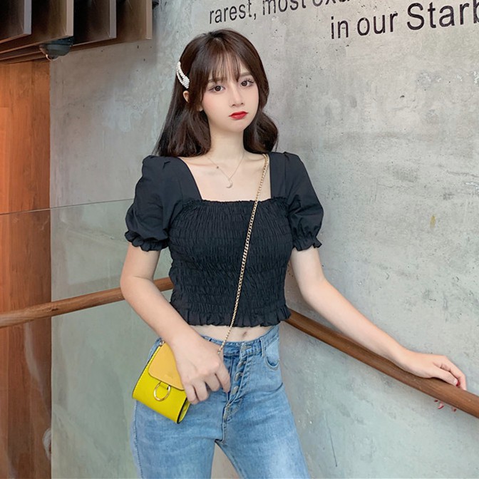 Áo Ulzzang Peplum Maoshop nhún ngực tay phồng Hàn Quốc, Áo peplum trắng bẹt vai tôn dáng cao cấp C40 - Maoshop | BigBuy360 - bigbuy360.vn