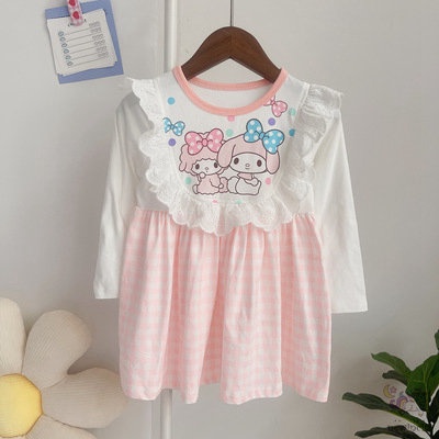 Đầm dài tay phối ren in hoạt hình thời trang Hàn Quốc cho bé gái