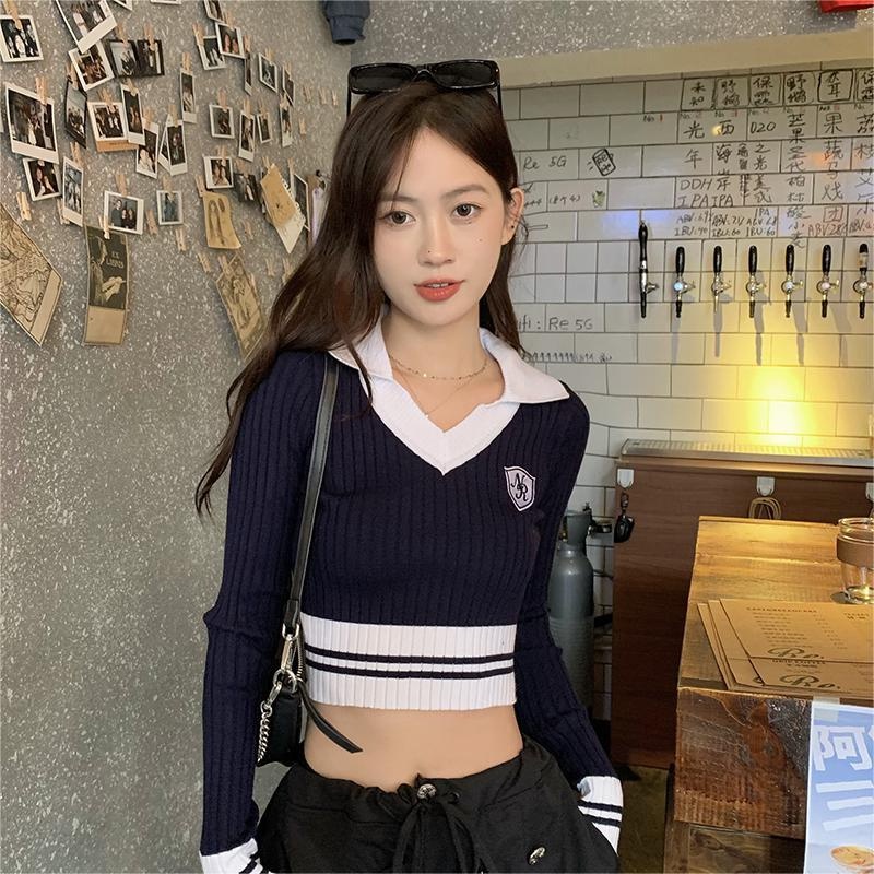 Áo croptop ZHELIHANGFEI dệt kim cổ chữ V tay dài thiết kế quyến rũ thời trang