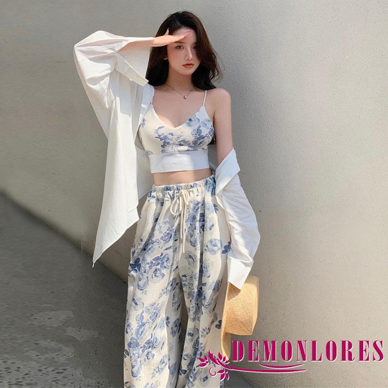 Set Đồ 2 Món Gồm Áo Hai Dây Cổ Chữ V In Họa Tiết Hoa + Quần Dài Lưng Thun Có Dây Rút Cho Nữ