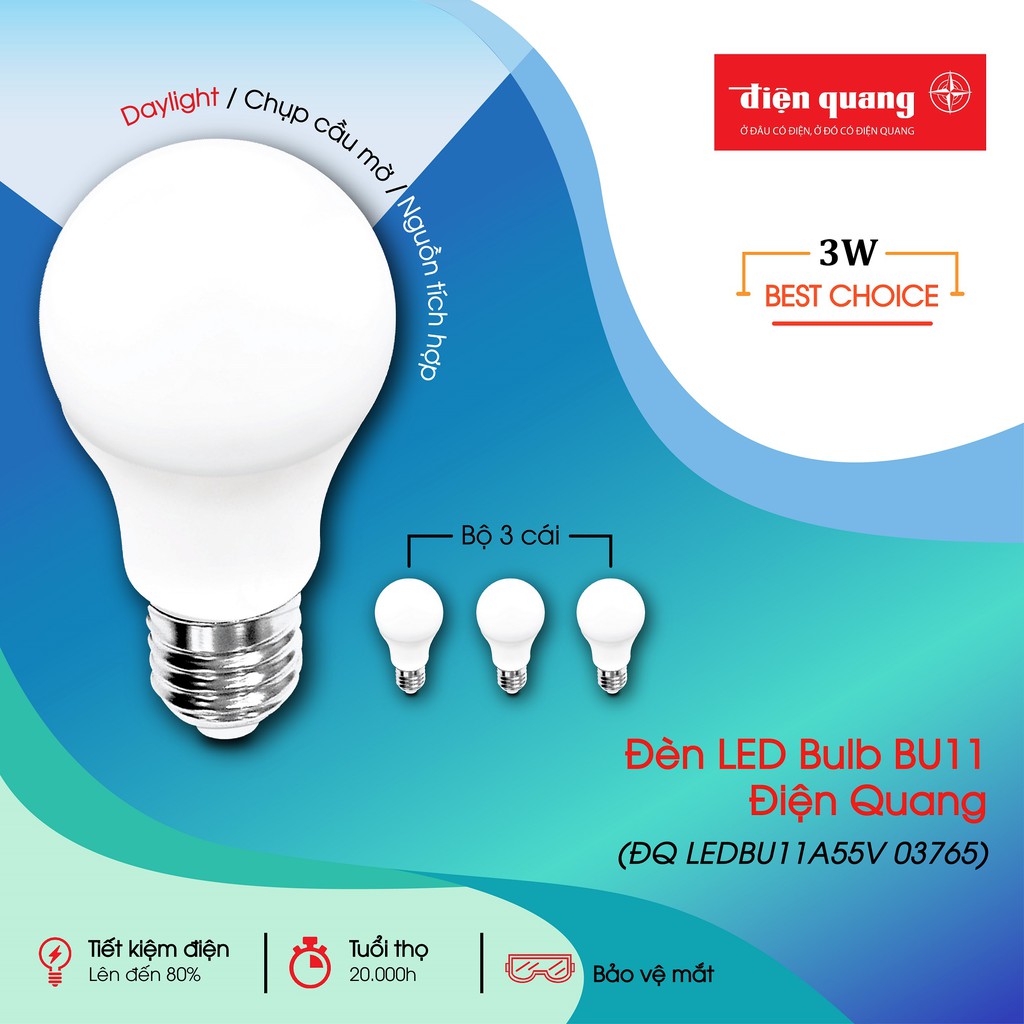 Đèn LED bulb BU11  Điện Quang ĐQ LEDBU11A55V 03765 (3W, daylight, chụp cầu mờ, nguồn tích hợp)