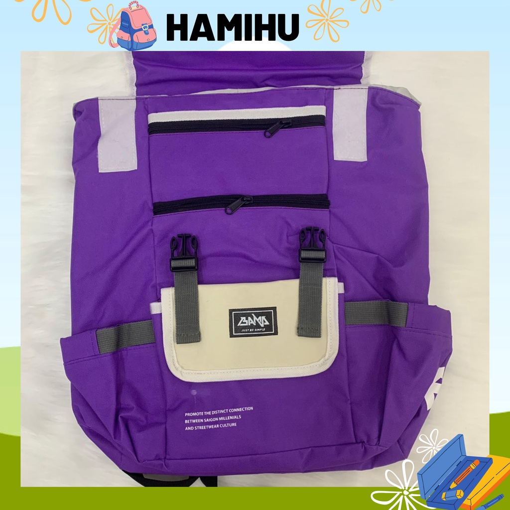 Balo thời trang bama, balo đi học Hamahu HM9, balo Ulzzang màu tím/vàng/ đen