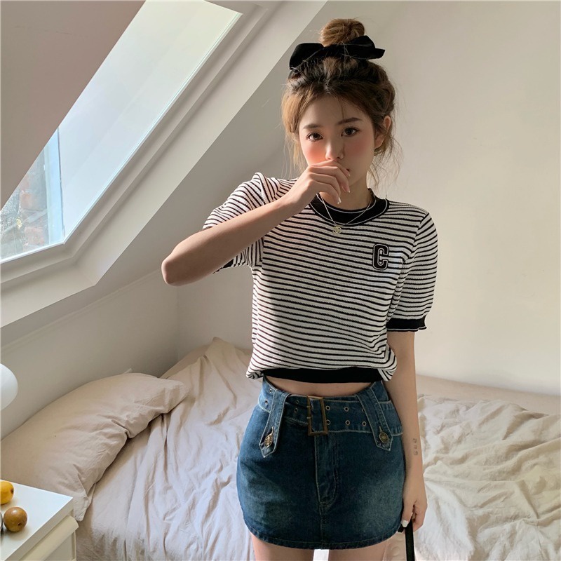 Áo Thun Dệt Kim Ngắn Tay Họa Tiết Kẻ Sọc Màu Sắc Tương Phản