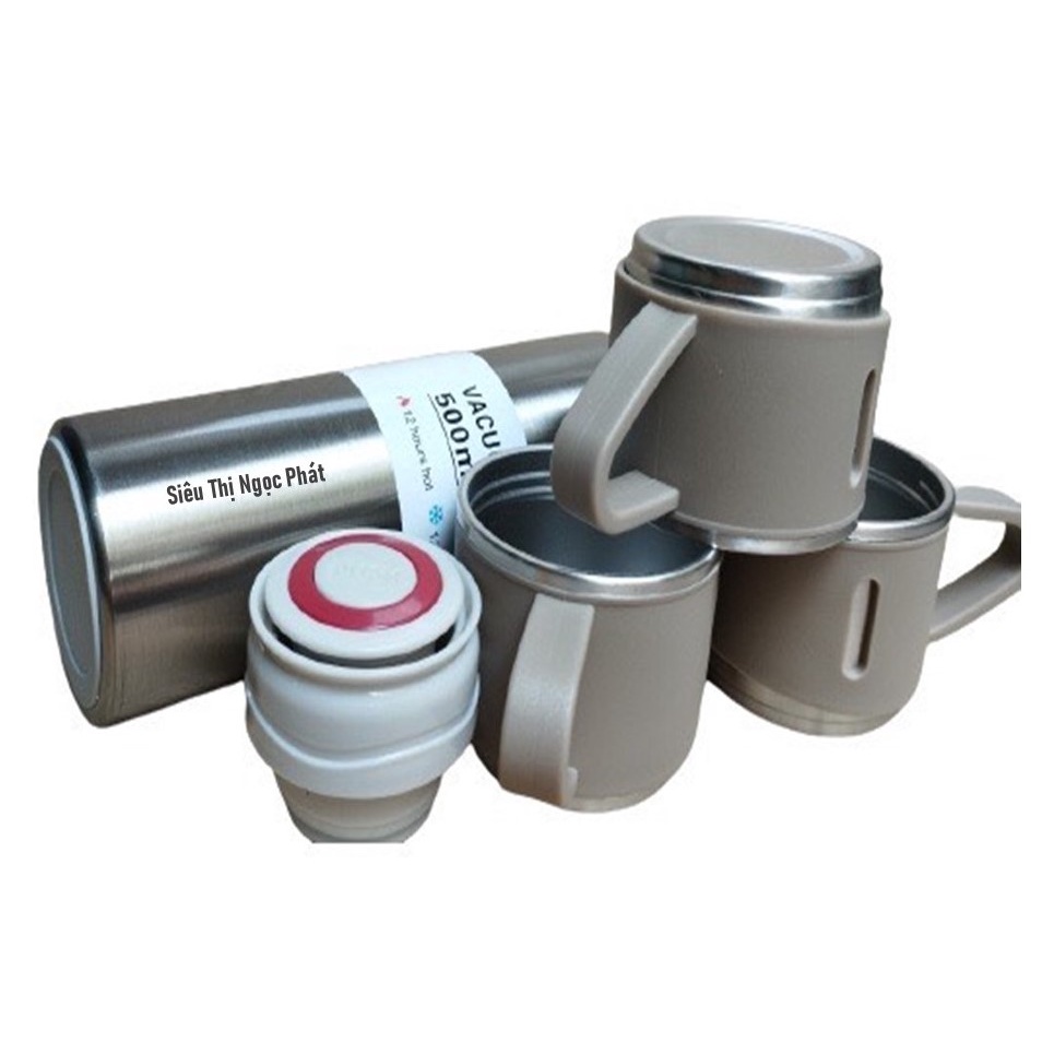 Bình Giữ Nhiệt Inox 304_500ML_Kèm2 Cốc_Sang Trọng_[Tặng kèm móc khóa dễ thương]