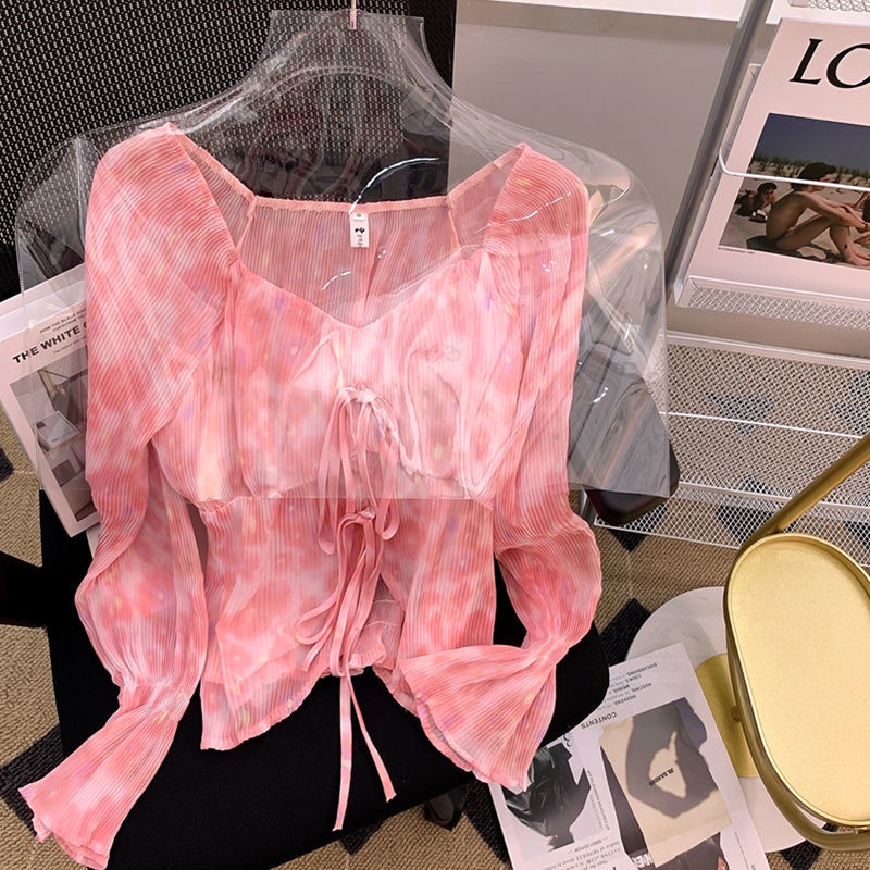 Áo chiffon Trễ Vai Tay Dài Dáng Ôm Màu Hồng Thời Trang Mùa Hè Quyến Rũ Cho Nữ