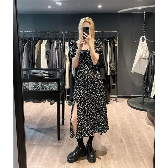 Đầm Hoa Chữ A Cổ Vuông Tay Phồng Xẻ Tà Thời Trang Mùa Hè Kiểu Pháp Mới Cho Bạn Gái