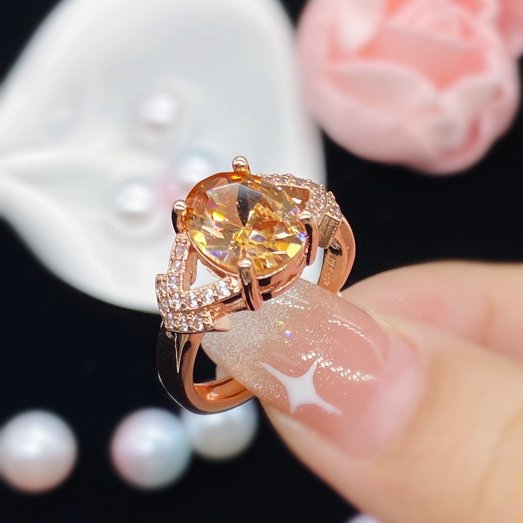 Nhẫn cưới làm từ thép titan màu vàng hồng đính kim cương nhân tạo thời trang sang trọng