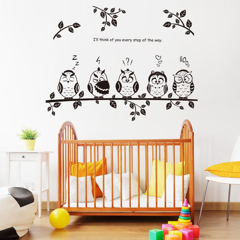 [ Size Lớn ] Decal dán tường kết hợp Đèn treo, đàn chim cú mèo trắng đen XH5206+JM8353