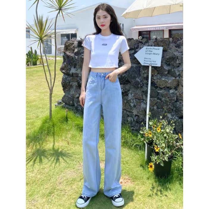 Quần jeans nữ lưng cao ống suông Xanh Nhạt, Quần baggy nữ lưng cao Xanh Nhạt style hàn quốc dáng suông hot 2022 TR03