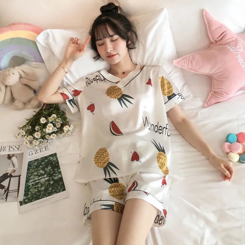  Set Đồ Ngủ Ngắn Vải Lụa Phong Cách Hàn Quốc Quyến Rũ Dành Cho Nữ