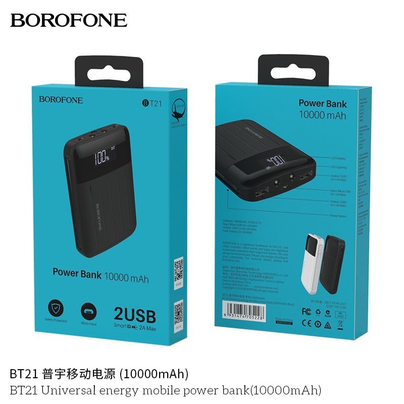 Sạc dự phòng siêu nhỏ gọn - Đèn pin - Đèn led báo % pin - Sạc đầy tự ngắt Borofone BT2110.000 mAh chính hãng