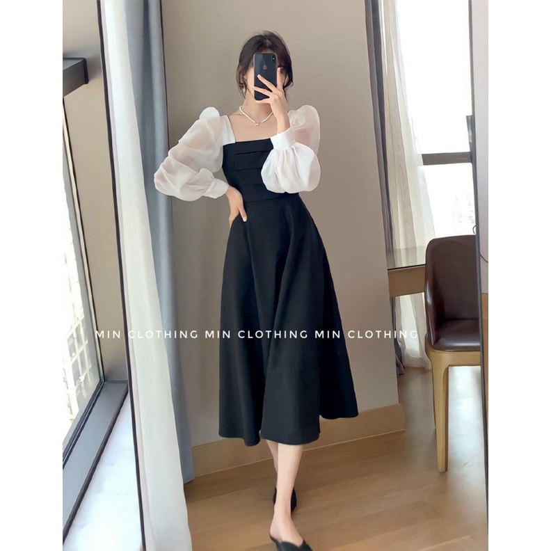 Đầm Dáng Dài Màu Đen Phối Tay Bống Màu Trắng Chất Umi Có Mút Ngực Mặc Đẹp Phù Hợp Đi Chơi, Dạ Tiệc Dáng Xinh [NEW UNISEX
