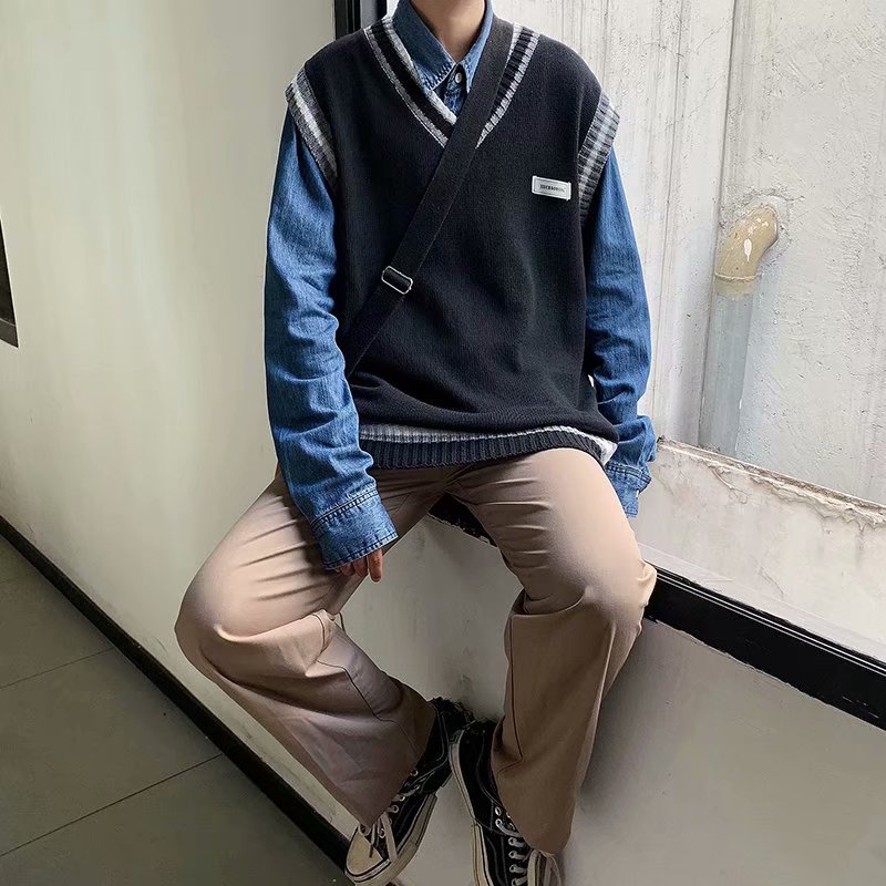 Áo Khoác Sweater Không Tay Cổ Chữ V Dáng Rộng Phong Cách Preppy Thời Trang Thu Đông Cho Cặp Đôi Với 5 Màu Tùy Chọn